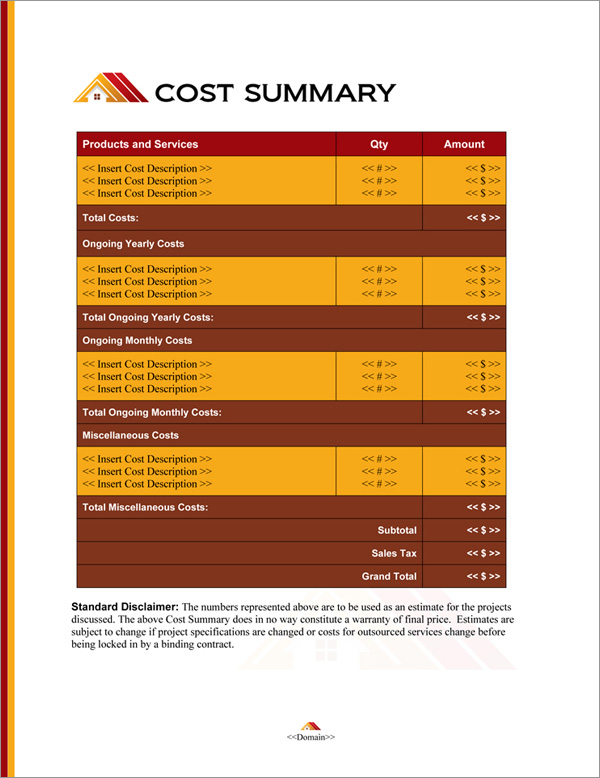 Proposal Pack Roofing #2 Cost Summary Page
