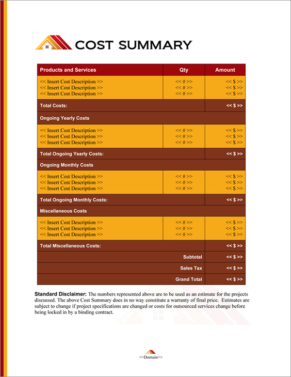 Proposal Pack Roofing #2 Cost Summary Page Proposal Pack Roofing #2 Cost Summary Page