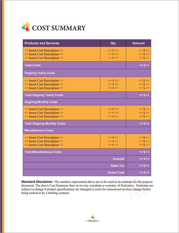 Proposal Pack Children #4 Cost Summary Page