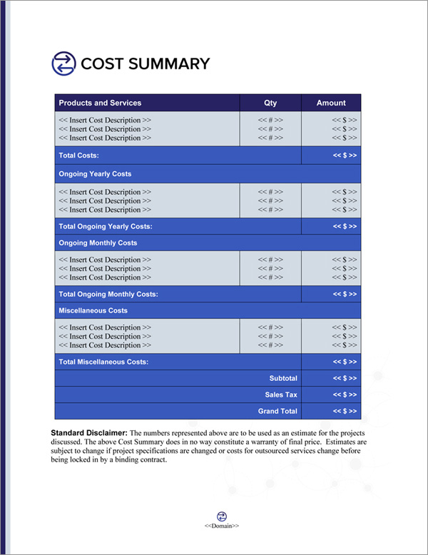 Proposal Pack Communication #4 Cost Summary Page