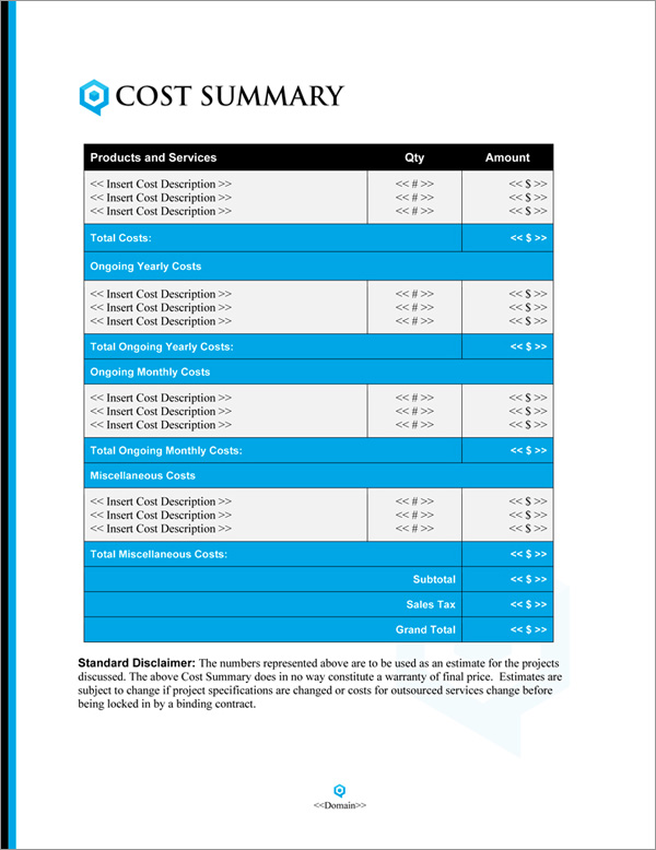 Proposal Pack Contemporary #19 Cost Summary Page Proposal Pack Contemporary #19 Cost Summary Page