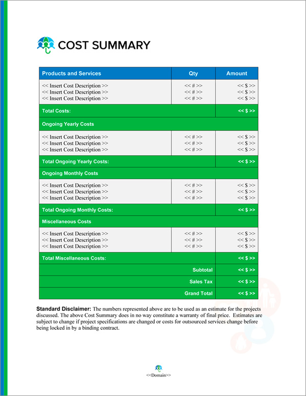 Proposal Pack Insurance #2 Cost Summary Page Proposal Pack Insurance #2 Cost Summary Page