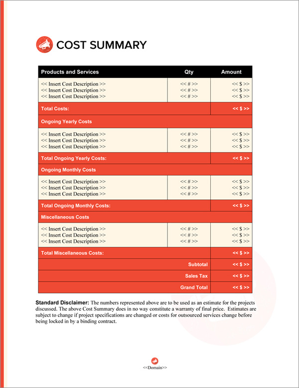 Proposal Pack People #5 Cost Summary Page