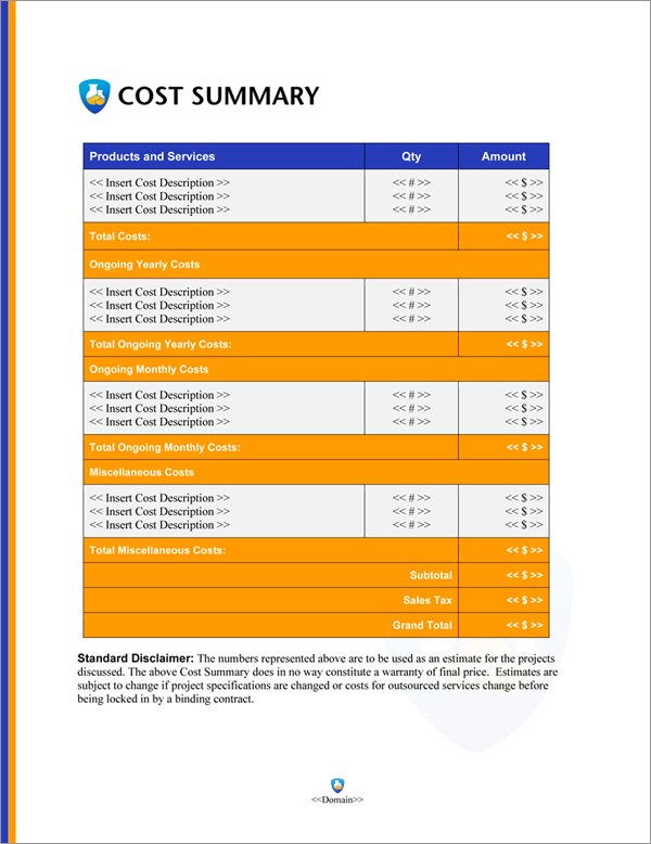 Proposal Pack Science #4 Cost Summary Page Proposal Pack Science #4 Cost Summary Page