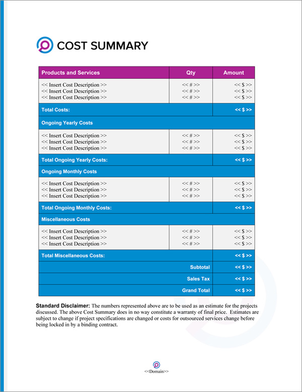 Proposal Pack Science #5 Cost Summary Page