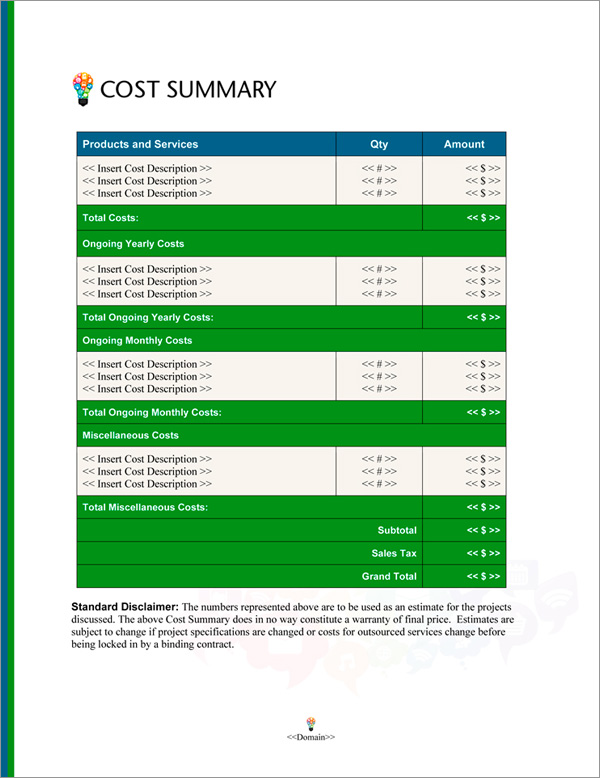 Proposal Pack Social Media #2 Cost Summary Page