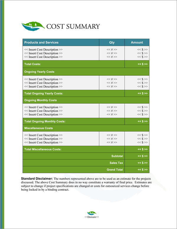 Proposal Pack Aqua #7 Cost Summary Page Proposal Pack Aqua #7 Cost Summary Page