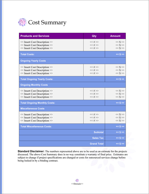 Proposal Pack Artsy #9 Cost Summary Page