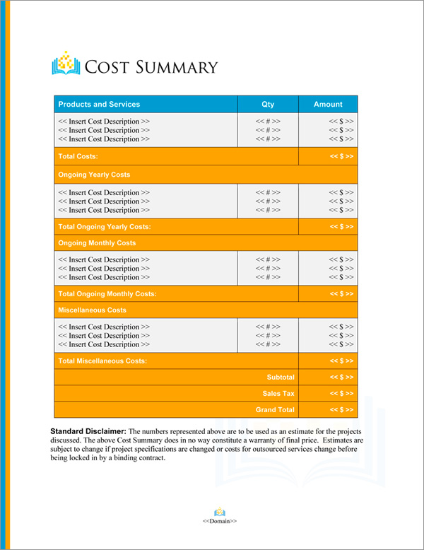 Proposal Pack Books #4 Cost Summary Page