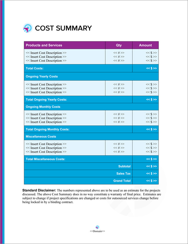 Proposal Pack Bullseye #3 Cost Summary Page