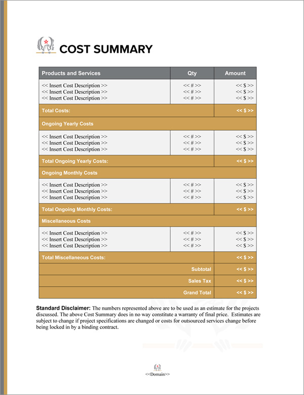 Proposal Pack Military #6 Cost Summary Page