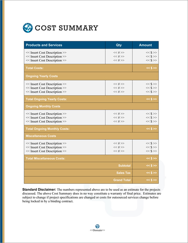 Proposal Pack Plumbing #2 Cost Summary Page