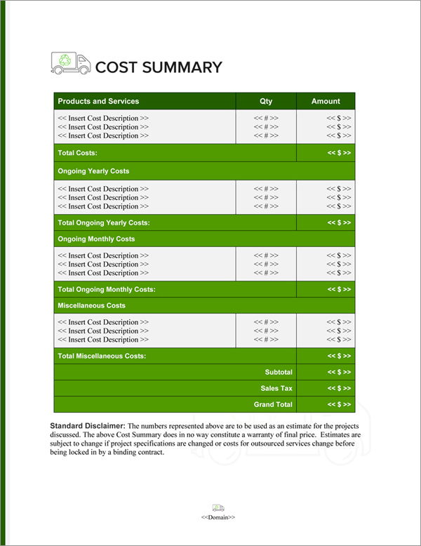 Proposal Pack Sanitation #1 Cost Summary Page