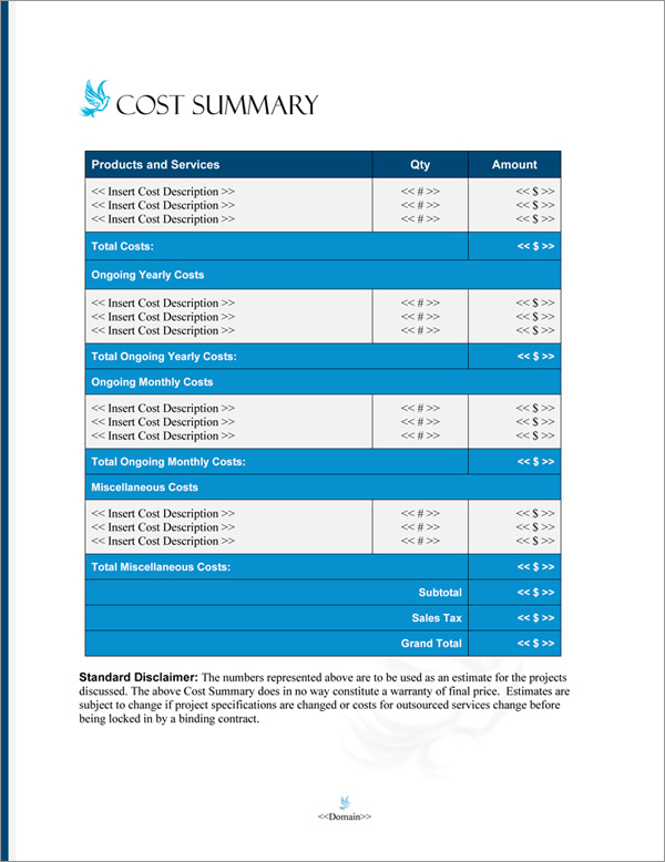 Proposal Pack Spiritual #3 Cost Summary Page Proposal Pack Spiritual #3 Cost Summary Page