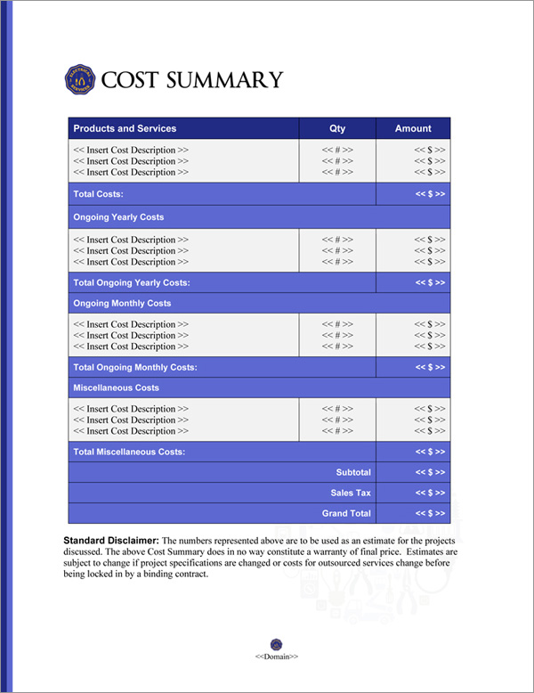 Proposal Pack Electrical #5 Cost Summary Page Proposal Pack Electrical #5 Cost Summary Page