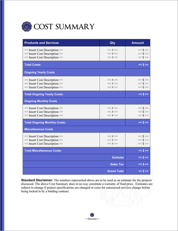 Proposal Pack Electrical #5 Cost Summary Page