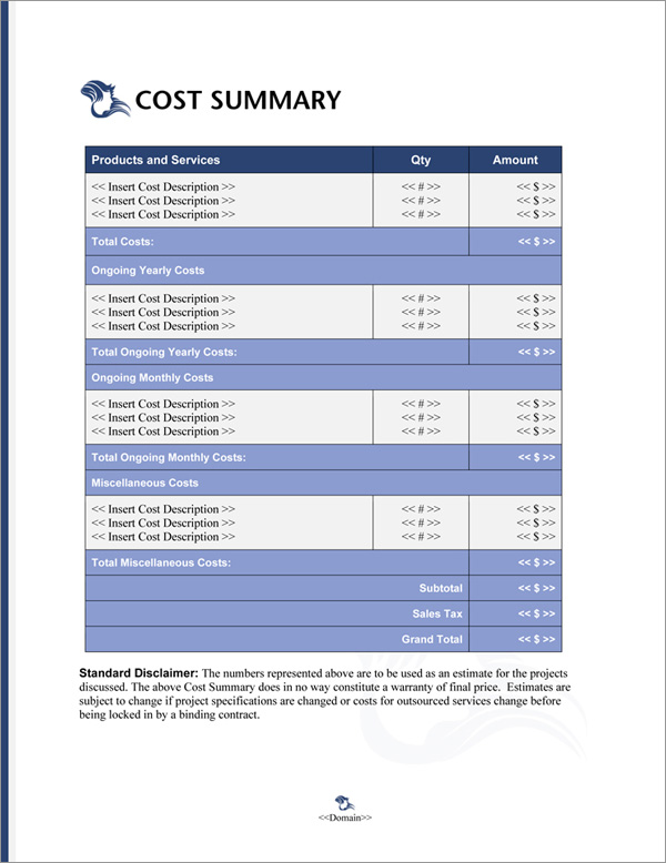 Proposal Pack Fashion #6 Cost Summary Page Proposal Pack Fashion #6 Cost Summary Page