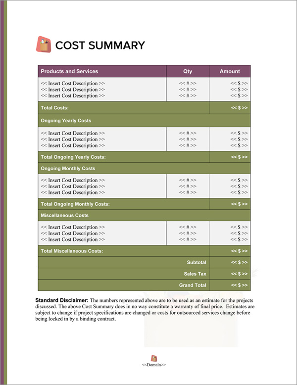 Proposal Pack Food #5 Cost Summary Page