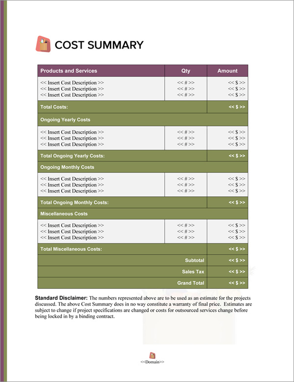 Proposal Pack Food #5 Cost Summary Page Proposal Pack Food #5 Cost Summary Page