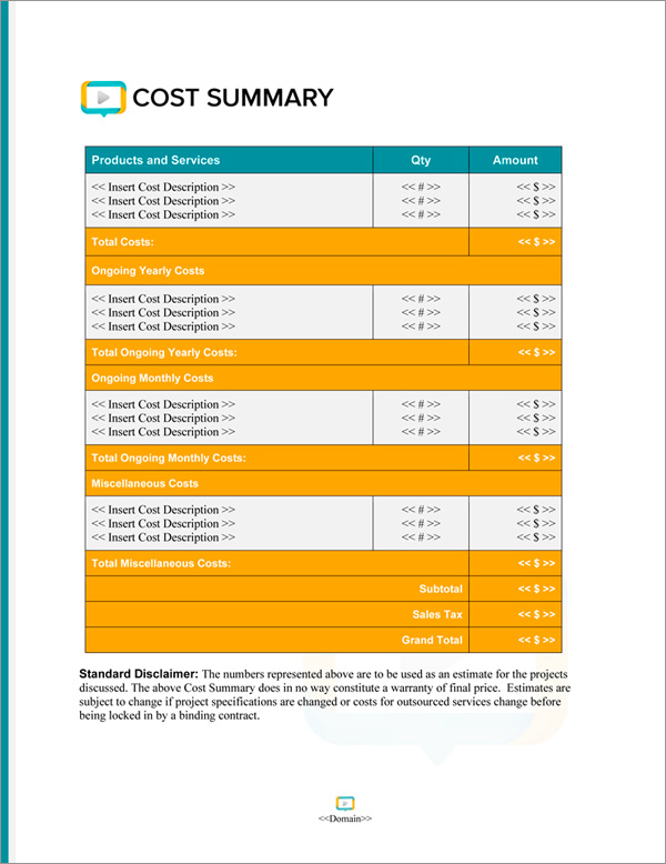 Proposal Pack Multimedia #6 Cost Summary Page Proposal Pack Multimedia #6 Cost Summary Page