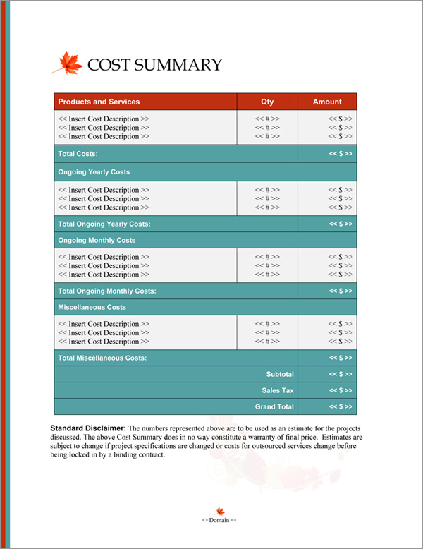 Proposal Pack Nature #8 Cost Summary Page Proposal Pack Nature #8 Cost Summary Page