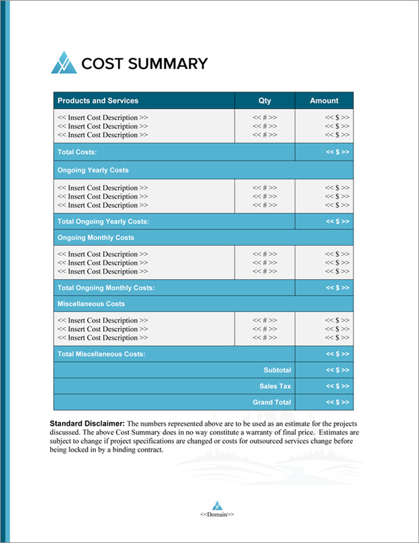 Proposal Pack Outdoors #4 Cost Summary Page