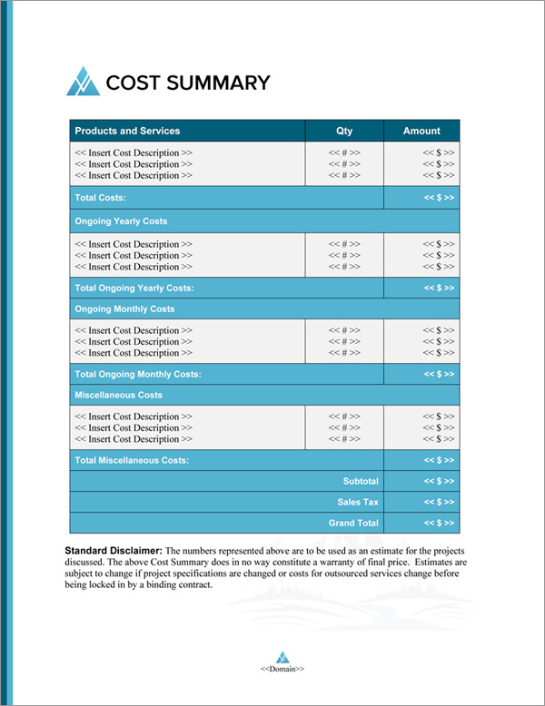 Proposal Pack Outdoors #4 Cost Summary Page Proposal Pack Outdoors #4 Cost Summary Page
