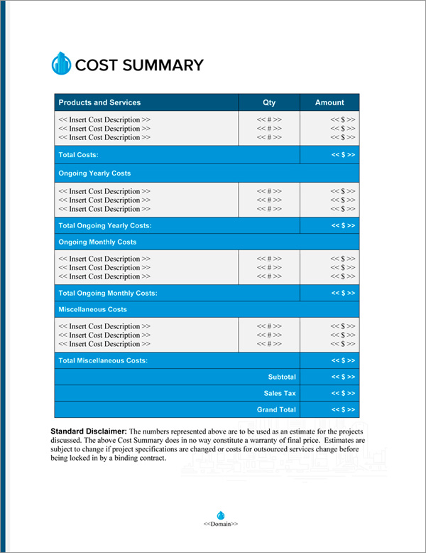 Proposal Pack Skyline #5 Cost Summary Page