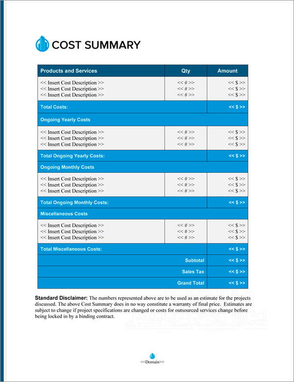Proposal Pack Skyline #5 Cost Summary Page Proposal Pack Skyline #5 Cost Summary Page