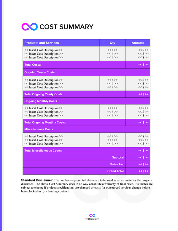 Proposal Pack Transportation #10 Cost Summary Page