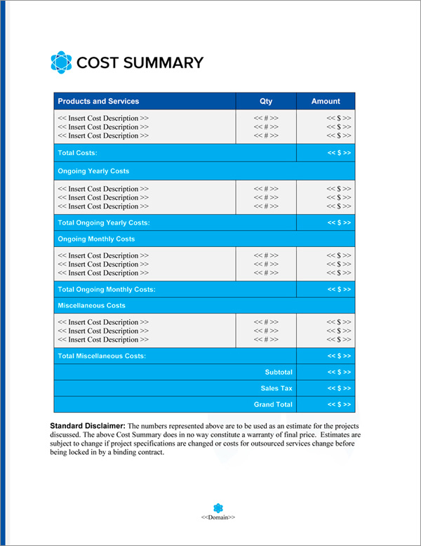 Proposal Pack Aerospace #4 Cost Summary Page Proposal Pack Aerospace #4 Cost Summary Page
