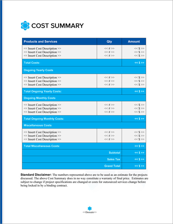 Proposal Pack Aerospace #4 Cost Summary Page