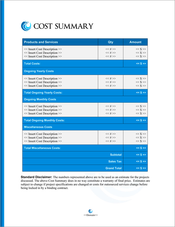 Proposal Pack Aqua #8 Cost Summary Page