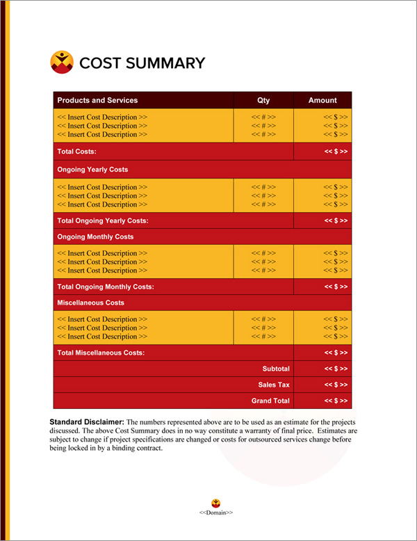 Proposal Pack Business #24 Cost Summary Page