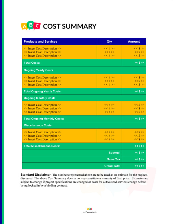 Proposal Pack Children #5 Cost Summary Page Proposal Pack Children #5 Cost Summary Page