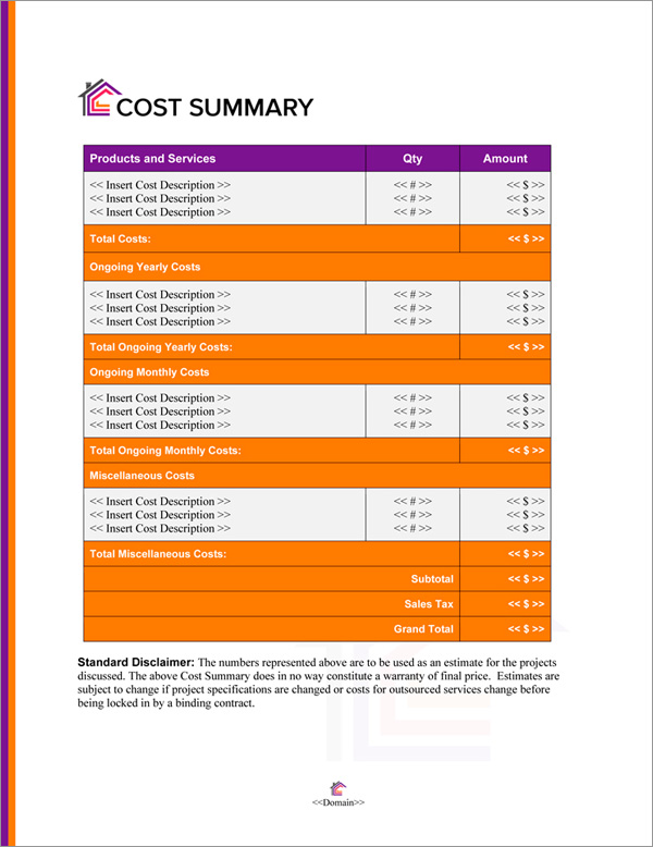Proposal Pack Decorator #4 Cost Summary Page