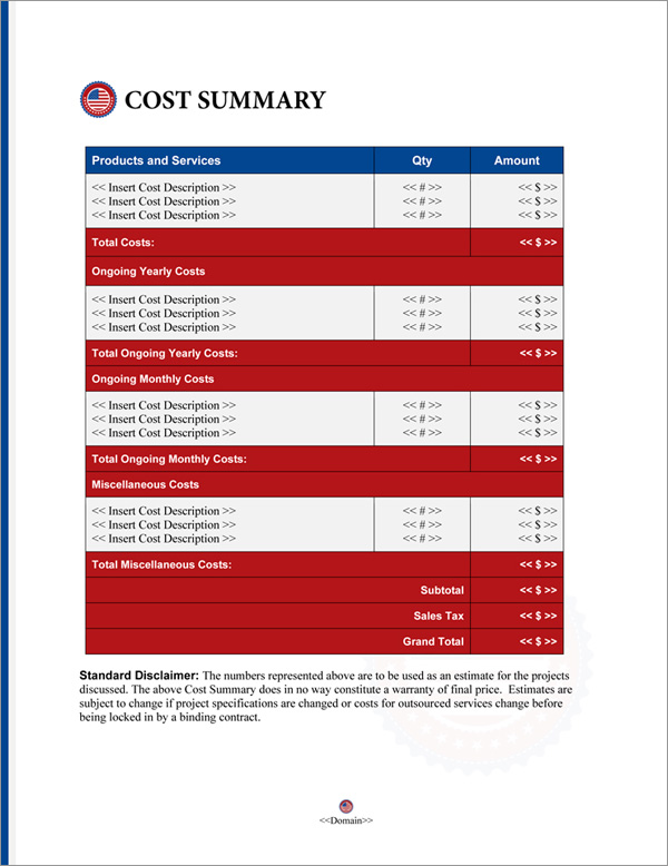 Proposal Pack Flag #7 Cost Summary Page Proposal Pack Flag #7 Cost Summary Page