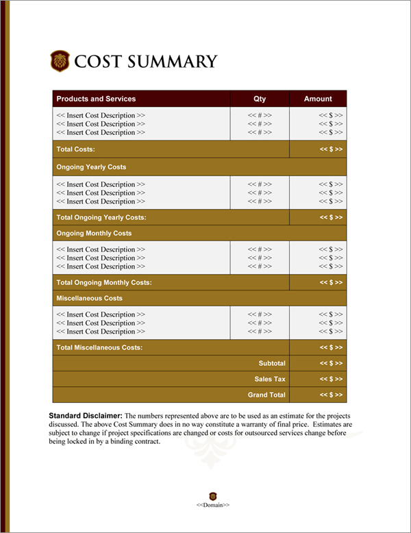 Proposal Pack Legal #1 Cost Summary Page