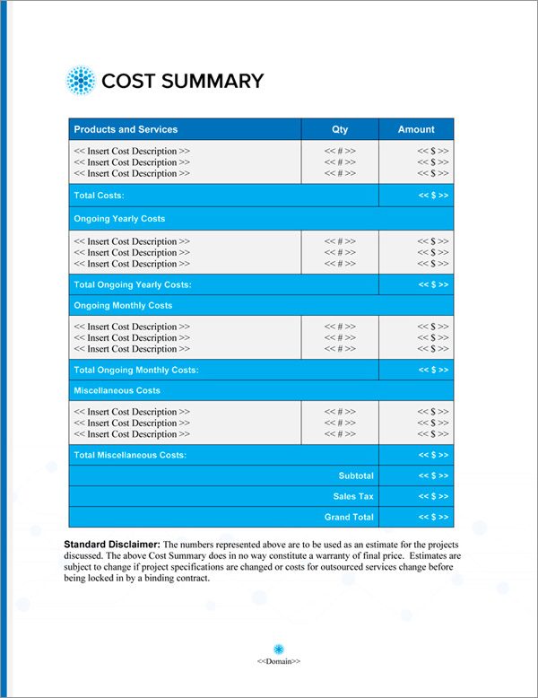 Proposal Pack Networks #5 Cost Summary Page Proposal Pack Networks #5 Cost Summary Page