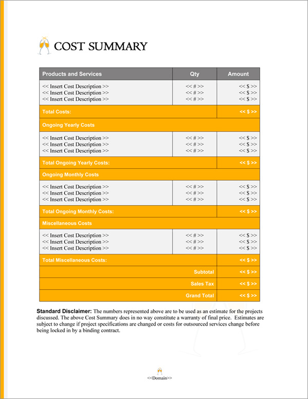 Proposal Pack Bubbles #3 Cost Summary Page