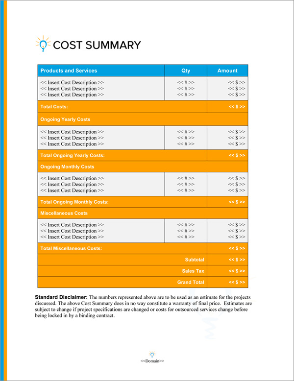 Proposal Pack Concepts #17 Cost Summary Page Proposal Pack Concepts #17 Cost Summary Page