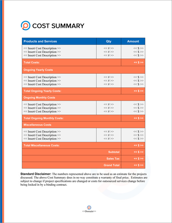 Proposal Pack Investigation #2 Cost Summary Page