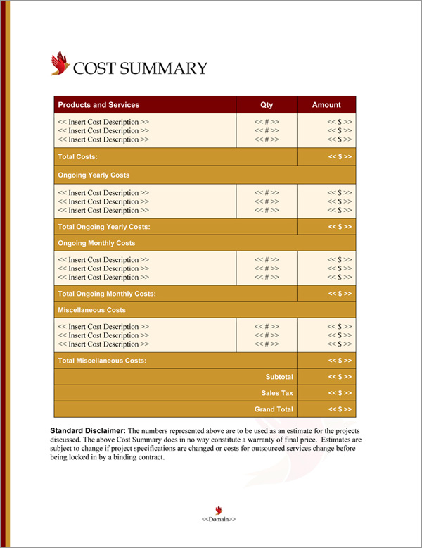 Proposal Pack Spiritual #4 Cost Summary Page Proposal Pack Spiritual #4 Cost Summary Page