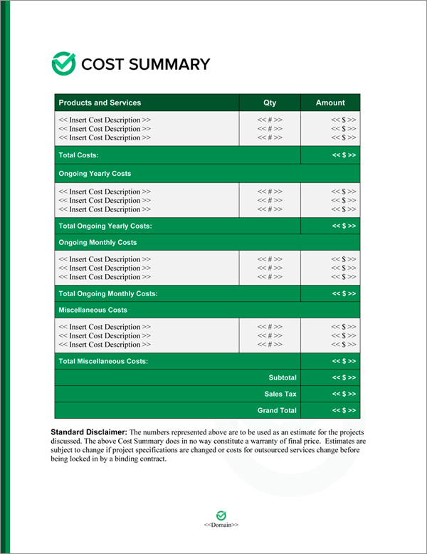 Proposal Pack Symbols #8 Cost Summary Page