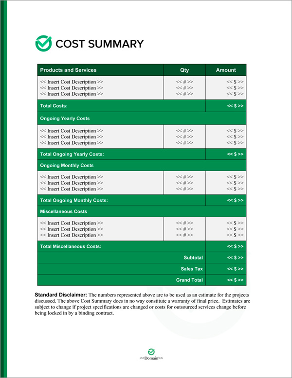 Proposal Pack Symbols #8 Cost Summary Page Proposal Pack Symbols #8 Cost Summary Page