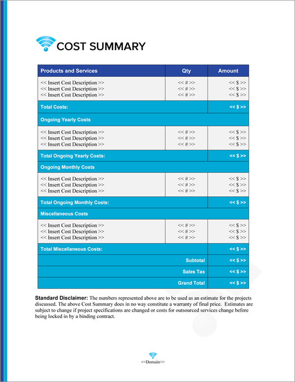 Proposal Pack Wireless #4 Cost Summary Page