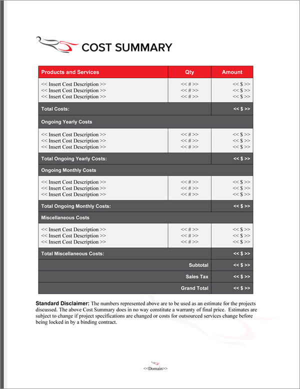 Proposal Pack Aerospace #5 Cost Summary Page Proposal Pack Aerospace #5 Cost Summary Page