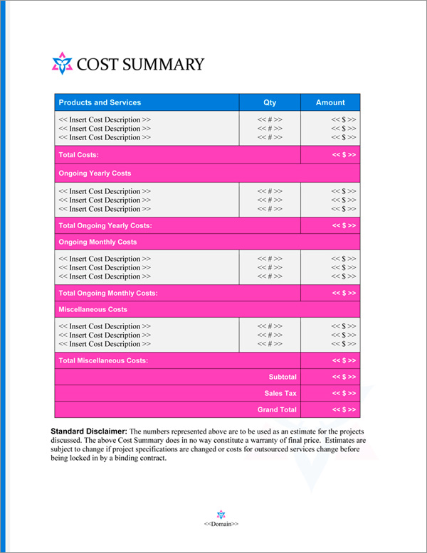 Proposal Pack Artsy #10 Cost Summary Page