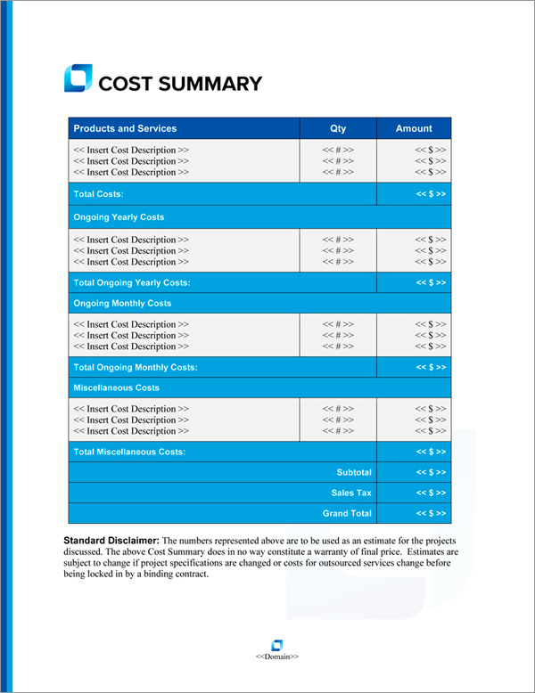 Proposal Pack Classic #19 Cost Summary Page Proposal Pack Classic #19 Cost Summary Page