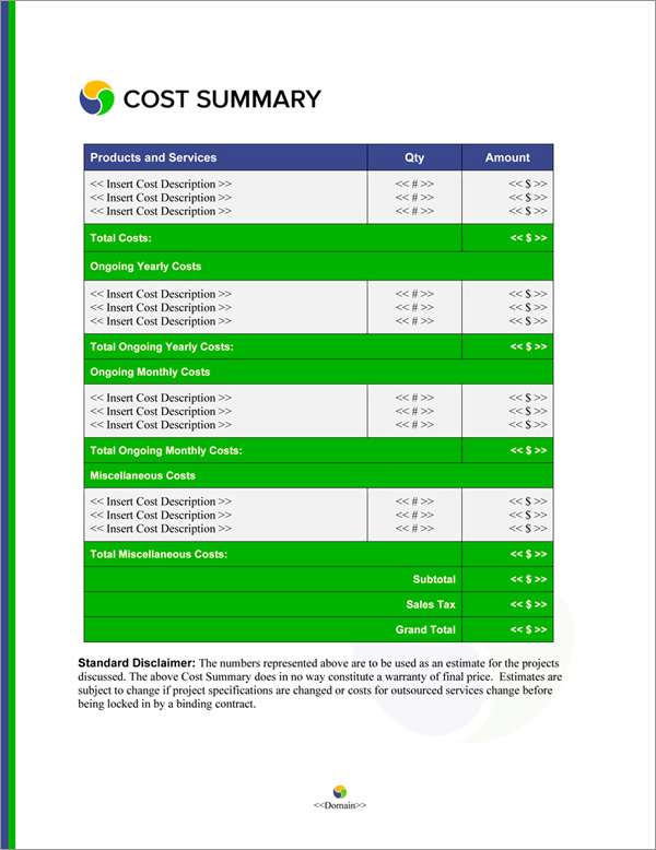 Proposal Pack Global #5 Cost Summary Page